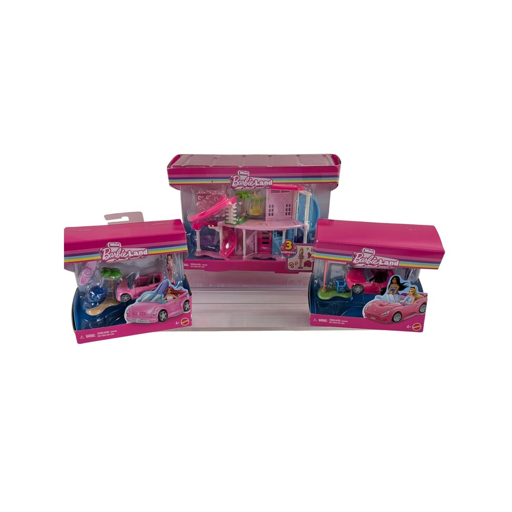 Mattel Mini BarbieLand Dreamhouse Playset and 2 Vehicle Sets Lot Pink New